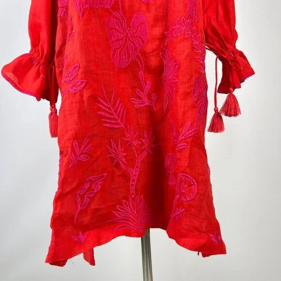 NWOT Johnny Was Ramie Embroidery Ruffles Red Luciana Tie Front Sleeve Dress XL